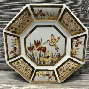 Vintage Art Of Chokin Octagon Golden Nectar Japan Plate Hummingbird 6.25”